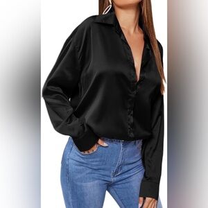 MakeMeChic Satin Long Sleeve Blouse Button Up Button Down Shirt Casual Top